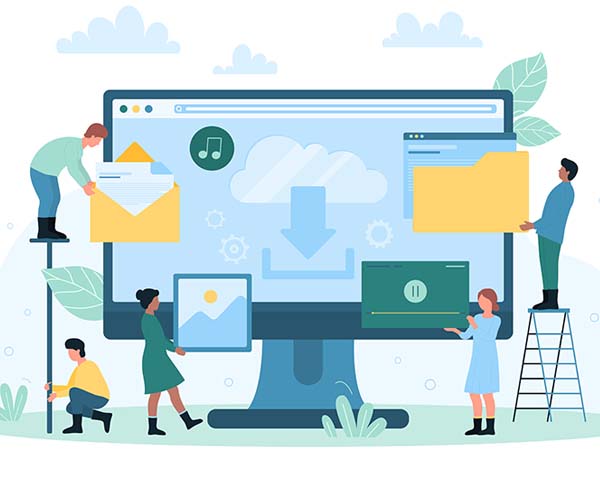 Illustration of people creating a multimedia eLearning course