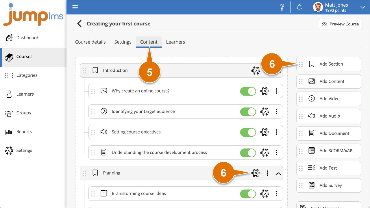 Add course section button