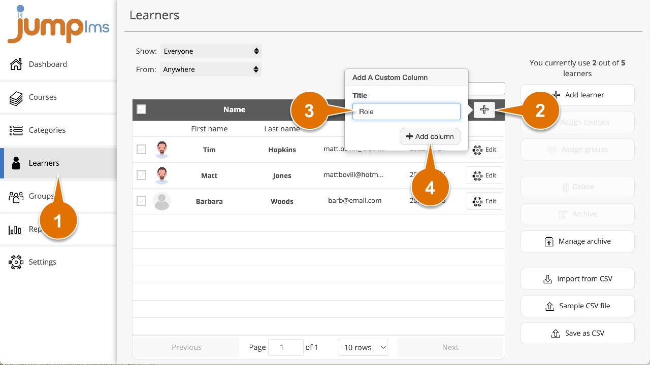 Click learners click add custom column