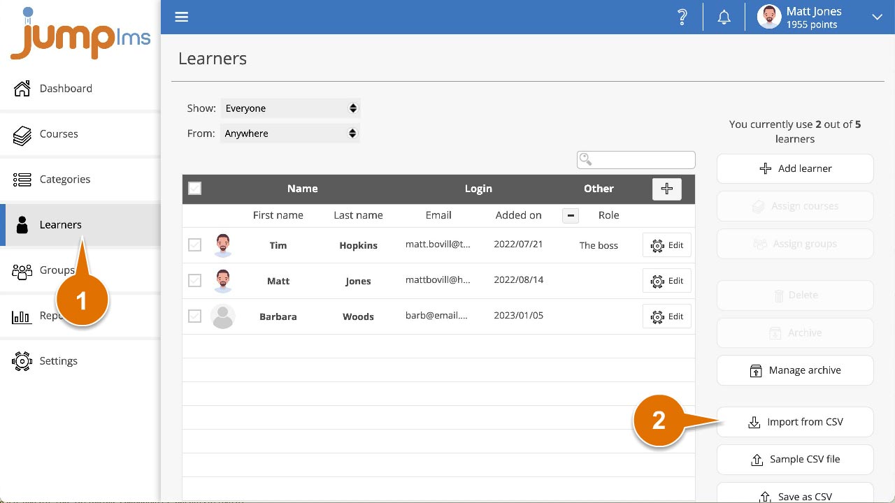 Click learners and import from csv