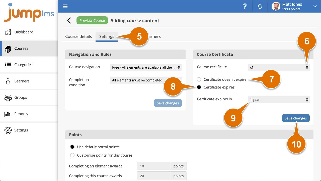 Click settings and set certificate details
