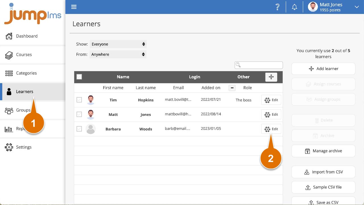 Click learners and find the learner to edit