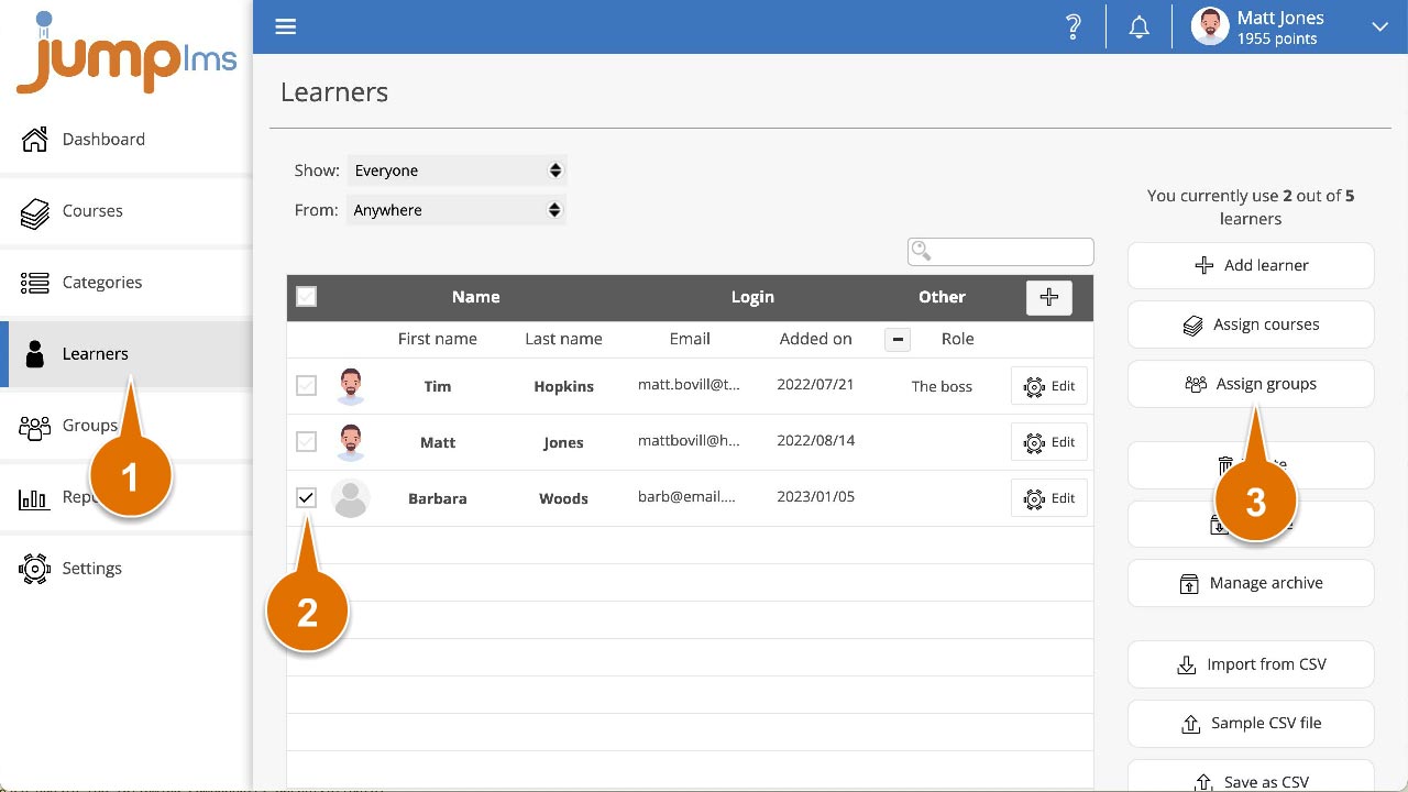Click learners and tick the required learners