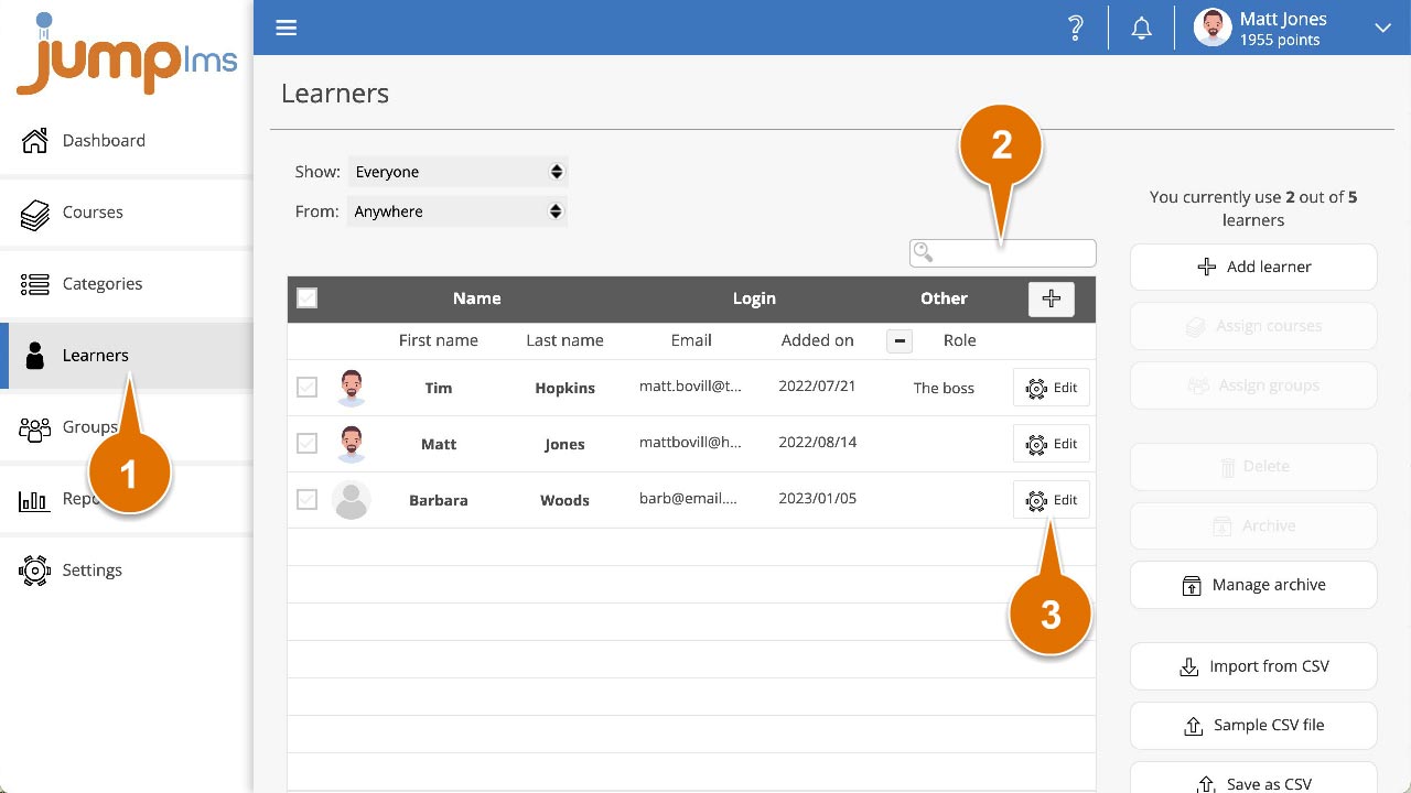 Click learners find learner click edit