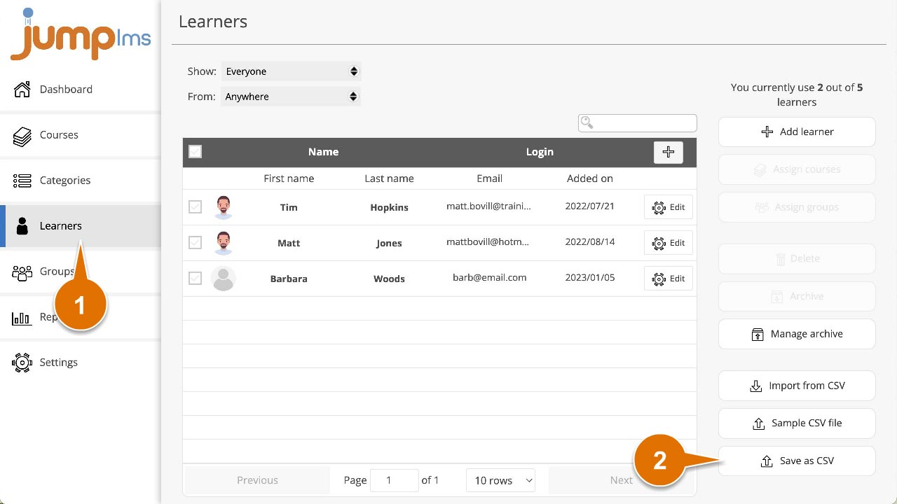 Click learners and click save as csv