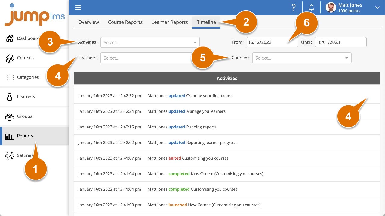 Click reports and select timeline