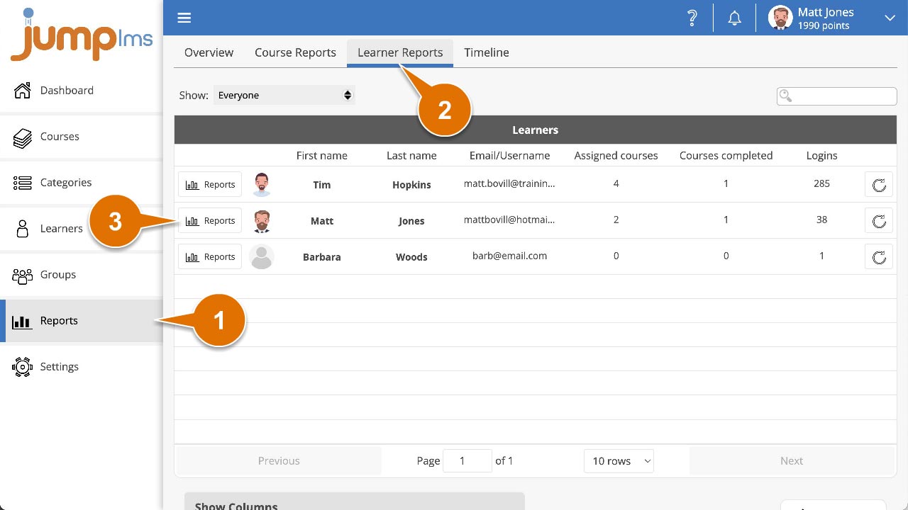 Click reports and select learner reports