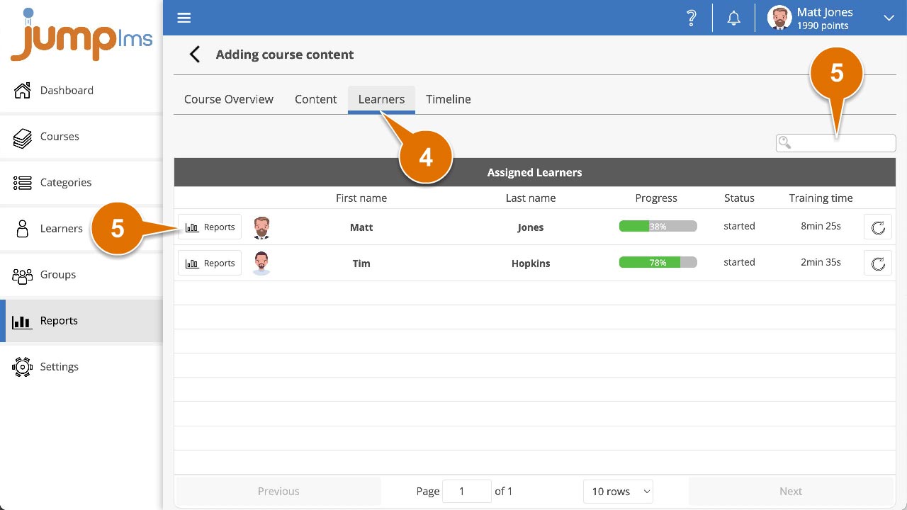 Click learners and view reports