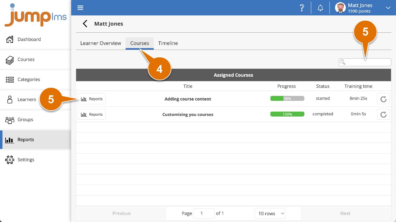 Click reports and select learner reports