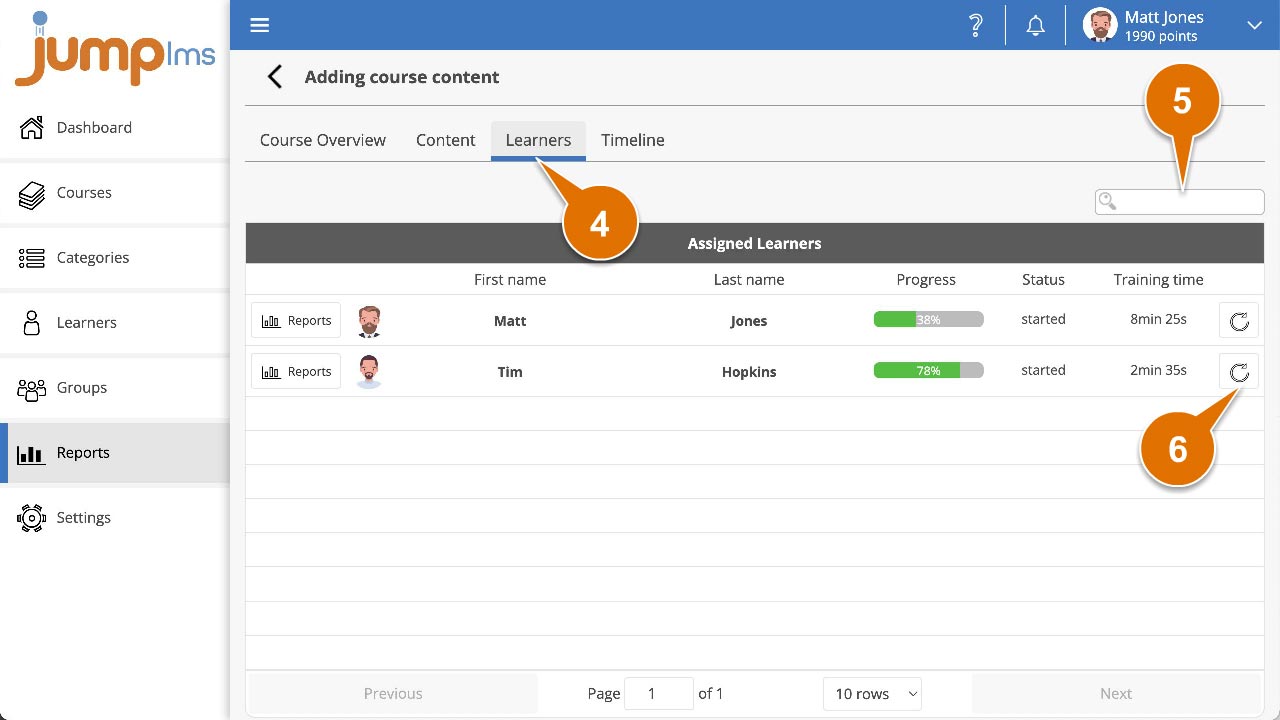 Click learners and select reset progress