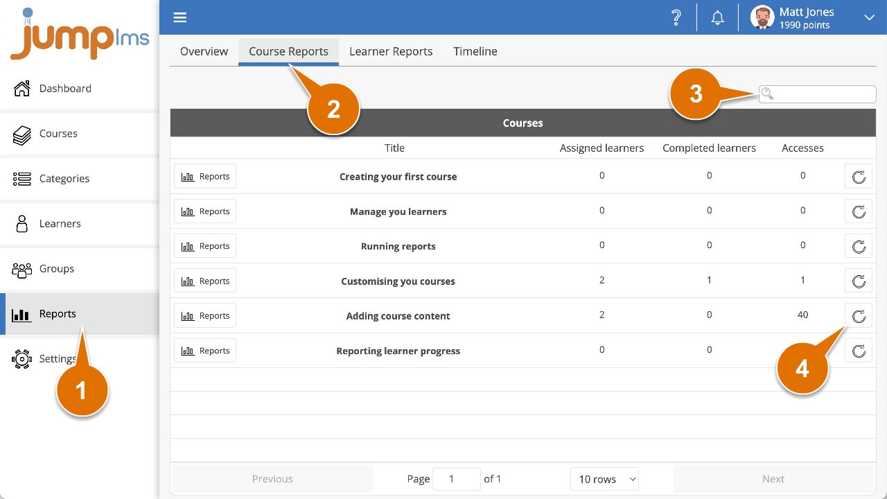 Click course reports and reset progress