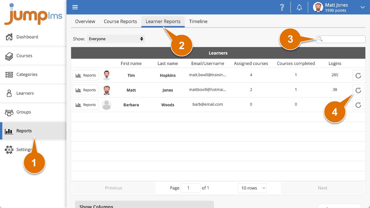 Click learner reports and reset progress