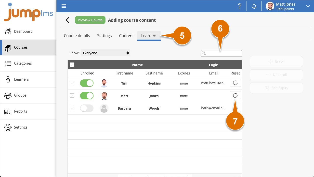 Click learners and reset progress