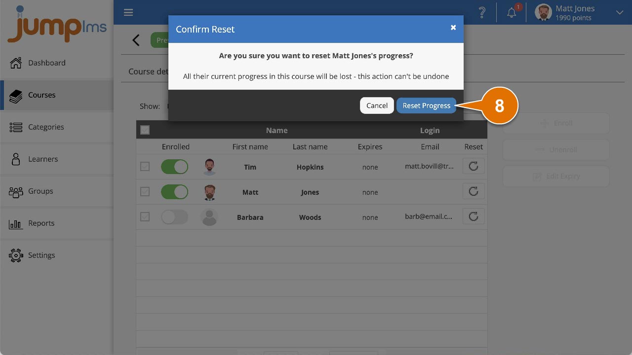 Confirm reset progress