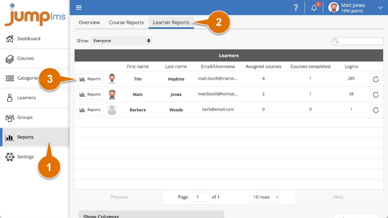 Click reports and select learner