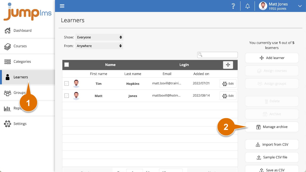 Click learners click manage archive