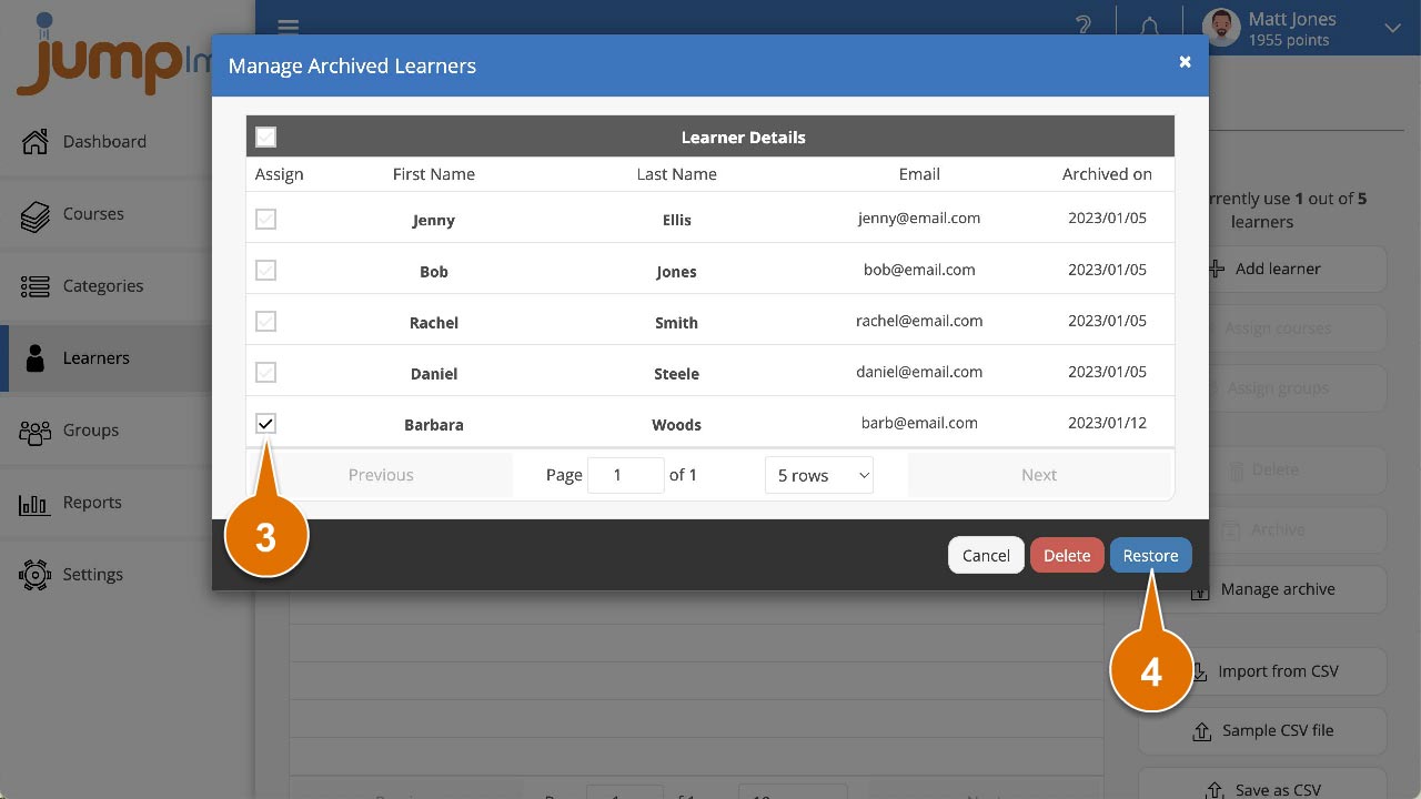 Tick learners and click restore