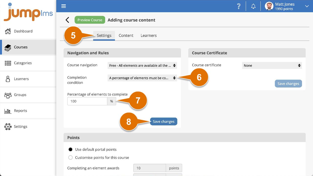Click settings and set completion condition