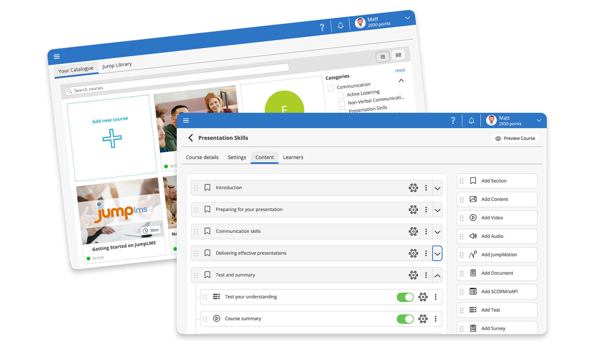 JumpLMS course builder screenshots